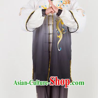 Chinese Traditional Martial Arts Competition Embroidered Grey Costume Kung Fu Tai Chi Training Clothing for Men
