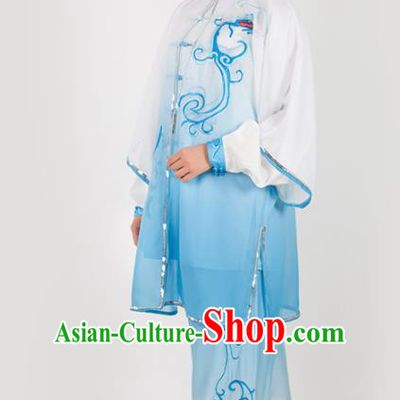Chinese Traditional Martial Arts Embroidered Blue Costume Kung Fu Competition Tai Chi Training Clothing for Women