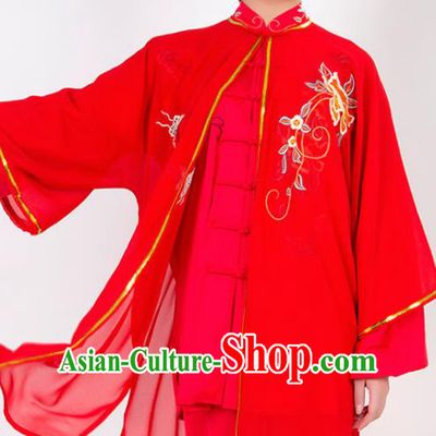 Chinese Traditional Martial Arts Embroidered Peony Red Costume Best Kung Fu Competition Tai Chi Training Clothing for Women