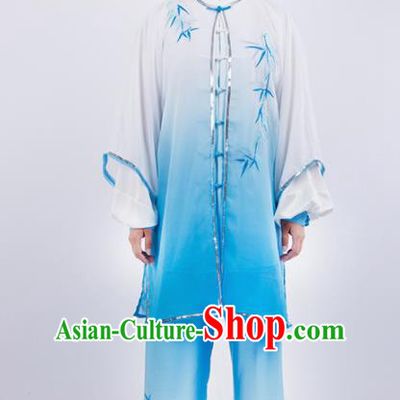 Chinese Traditional Martial Arts Embroidered Bamboo Blue Costume Kung Fu Competition Tai Chi Training Clothing for Women