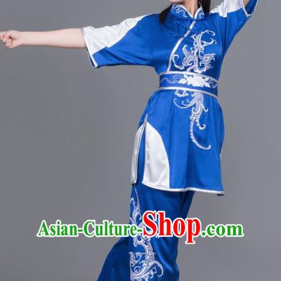 Professional Chinese Martial Arts Embroidered Royalblue Costume Traditional Kung Fu Competition Tai Chi Clothing for Women
