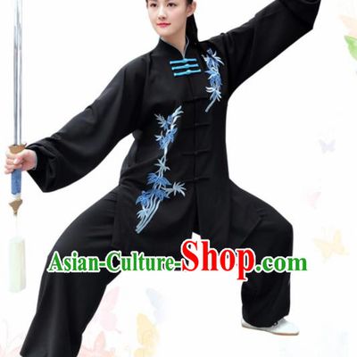 Professional Chinese Martial Arts Embroidered Bamboo Black Costume Traditional Kung Fu Competition Tai Chi Clothing for Women
