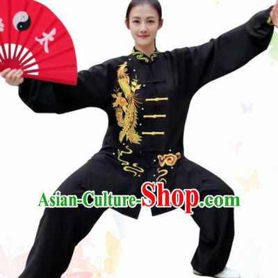 Professional Chinese Martial Arts Embroidered Phoenix Black Costume Traditional Kung Fu Competition Tai Chi Clothing for Women