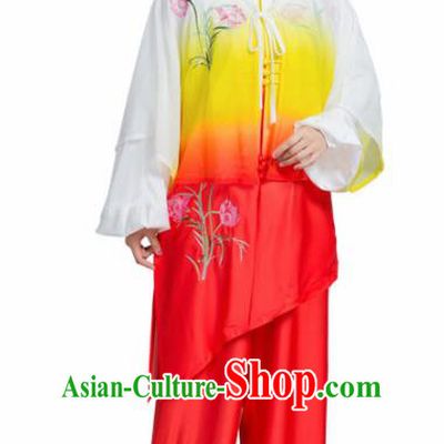 Professional Chinese Martial Arts Embroidered Lily Flower Orange Costume Traditional Kung Fu Competition Tai Chi Clothing for Women