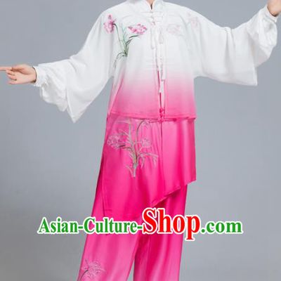 Professional Chinese Martial Arts Embroidered Lily Flower Rosy Costume Traditional Kung Fu Competition Tai Chi Clothing for Women