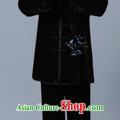Traditional Chinese Martial Arts Competition Printing Orchid Black Velvet Uniforms Kung Fu Tai Chi Training Costume for Men