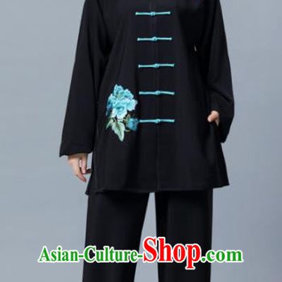 Professional Chinese Martial Arts Printing Blue Peony Costume Traditional Kung Fu Competition Tai Chi Clothing for Women