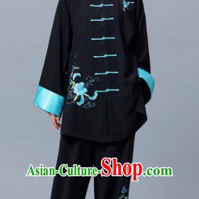 Professional Chinese Martial Arts Printing Blue Peony Butterfly Costume Traditional Kung Fu Competition Tai Chi Clothing for Women
