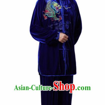 Traditional Chinese Martial Arts Competition Printing Dragon Royalblue Velvet Uniforms Kung Fu Tai Chi Training Costume for Men