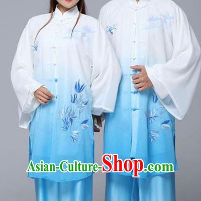 Professional Chinese Martial Arts Embroidered Bamboo Gradient Blue Costume Traditional Kung Fu Competition Tai Chi Clothing for Women