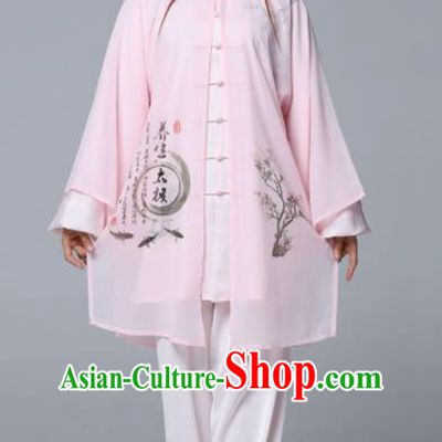 Professional Chinese Martial Arts Ink Painting Pink Costume Traditional Kung Fu Competition Tai Chi Clothing for Women