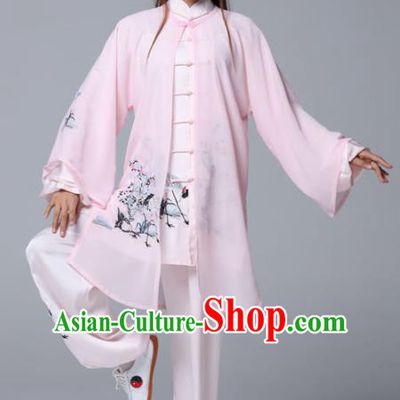 Professional Chinese Martial Arts Ink Painting Crane Pink Costume Traditional Kung Fu Competition Tai Chi Clothing for Women