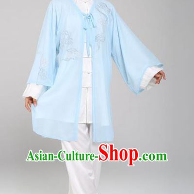 Professional Chinese Martial Arts Blue Silk Cloak Costume Traditional Kung Fu Competition Tai Chi Clothing for Women
