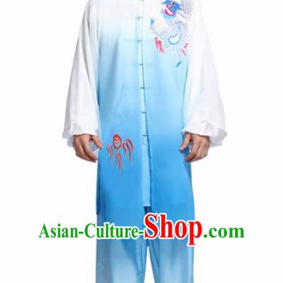 Traditional Chinese Martial Arts Competition Embroidered Dragon Blue Uniforms Kung Fu Tai Chi Training Costume for Adults
