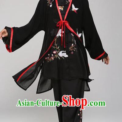 Professional Martial Arts Embroidered Magnolia Black Costume Chinese Traditional Kung Fu Competition Tai Chi Clothing for Women