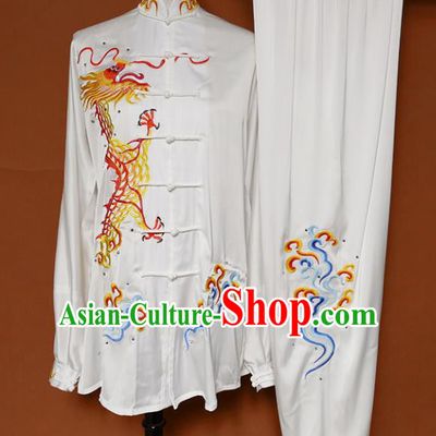 White Best Martial Arts Competition Embroidered Dragon Uniforms Chinese Traditional Kung Fu Tai Chi Training Costume for Men