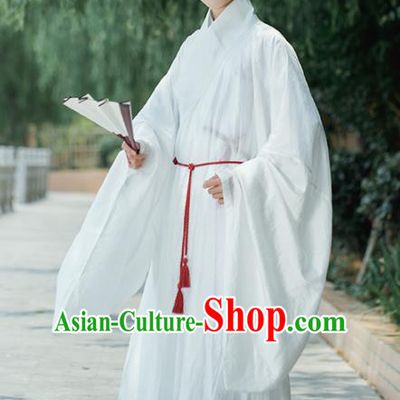 Traditional Chinese Ming Dynasty Scholar White Robe Ancient Drama Taoist Priest Replica Costumes for Men
