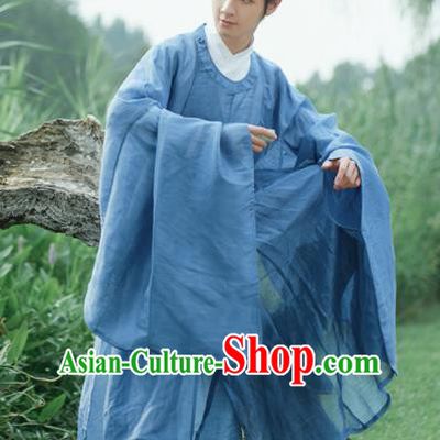 Traditional Chinese Ming Dynasty Childe Scholar Blue Robe Ancient Drama Taoist Priest Replica Costumes for Men