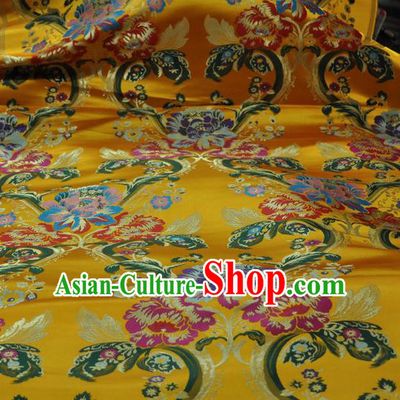 Asian Chinese Traditional Buddhism Peony Pattern Design Yellow Brocade Fabric Tibetan Robe Silk Material