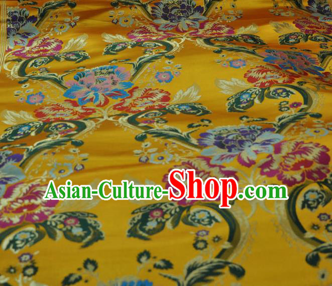 Asian Chinese Traditional Buddhism Peony Pattern Design Yellow Brocade Fabric Tibetan Robe Silk Material Asian Chinese Traditional Buddhism Peony Pattern Design Yellow Brocade Fabric Tibetan Robe Silk Material