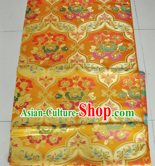 Asian Chinese Buddhism Traditional Peony Pattern Design Golden Brocade Fabric Tibetan Robe Silk Material Asian Chinese Buddhism Traditional Peony Pattern Design Golden Brocade Fabric Tibetan Robe Silk Material