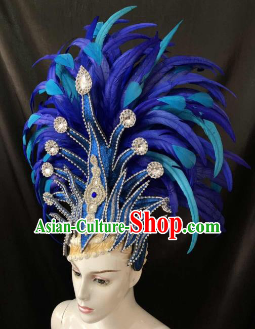 Customized Halloween Cosplay Deluxe Blue Feather Hair Accessories Brazil Parade Catwalks Giant Headpiece for Women