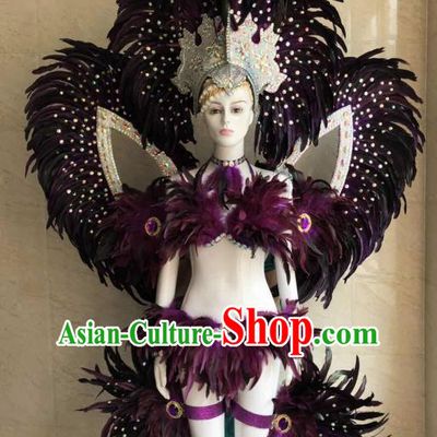 Customized Halloween Samba Dance Purple Feather Costume Brazil Parade Wings Backboard and Headpiece for Women