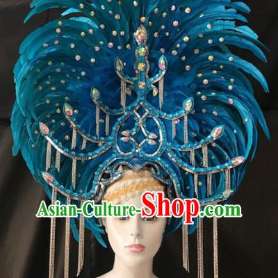 Customized Halloween Carnival Blue Feather Giant Hair Accessories Brazil Parade Samba Dance Headpiece for Women