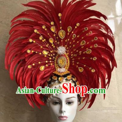 Customized Halloween Cosplay Red Feather Hair Accessories Brazil Parade Samba Dance Giant Headpiece for Women