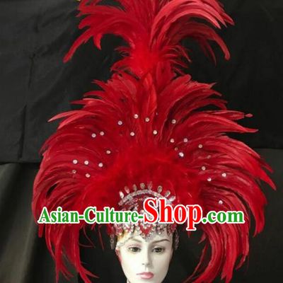 Customized Halloween Carnival Stage Show Red Feather Giant Hair Accessories Brazil Parade Samba Dance Headpiece for Women