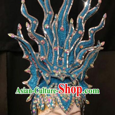 Customized Halloween Carnival Stage Show Giant Blue Hair Accessories Brazil Parade Samba Dance Headpiece for Women