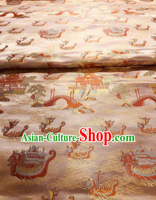 Asian Chinese Traditional Dragon Boat Pattern Design Champagne Brocade Fabric Cheongsam Silk Material Asian Chinese Traditional Dragon Boat Pattern Design Champagne Brocade Fabric Cheongsam Silk Material