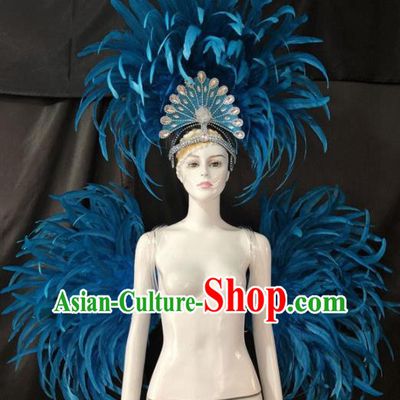 Customized Halloween Samba Dance Blue Feather Props Brazil Parade Backboard and Giant Headpiece for Women