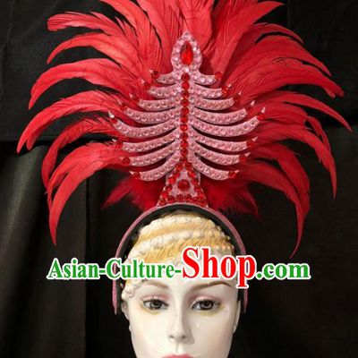 Customized Halloween Carnival Red Feather Hair Accessories Brazil Parade Samba Dance Giant Headpiece for Women