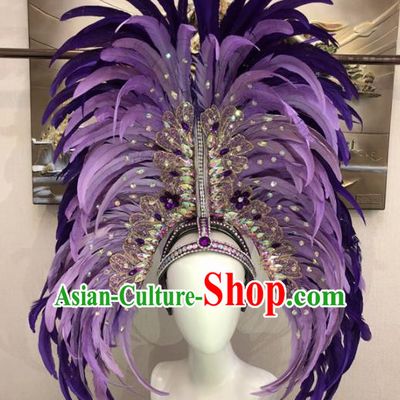 Customized Halloween Carnival Purple Feather Hair Accessories Brazil Parade Samba Dance Giant Headpiece for Women