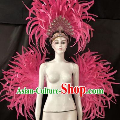 Customized Halloween Samba Dance Pink Feather Props Brazil Parade Backboard and Giant Headpiece for Women
