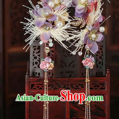 Top Chinese Traditional Purple Flowers Tassel Hair Claws Handmade Hanfu Hairpins Hair Accessories for Women