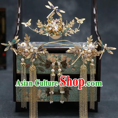Top Chinese Traditional Dragonfly Hair Comb Wedding Bride Handmade Hairpins Hair Accessories Complete Set