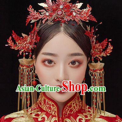 Top Chinese Traditional Red Phoenix Coronet Wedding Bride Handmade Hairpins Hair Accessories Complete Set