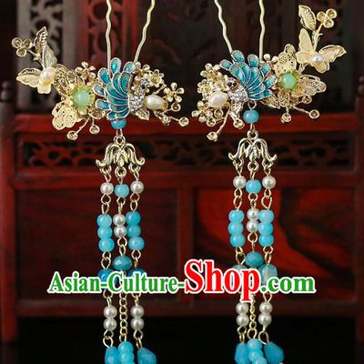 Top Chinese Traditional Blue Beads Tassel Hair Clip Handmade Hanfu Hairpins Hair Accessories for Women