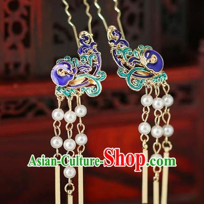 Top Chinese Traditional Blue Peacock Tassel Hair Clip Handmade Hanfu Hairpins Hair Accessories for Women