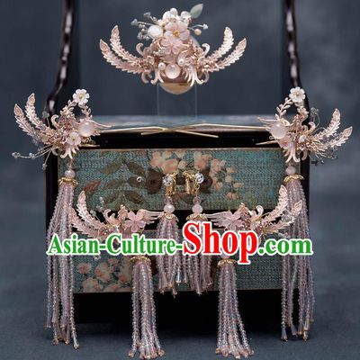 Top Chinese Traditional Bride Hair Comb Handmade Wedding Pink Beads Tassel Hairpins Hair Accessories Complete Set