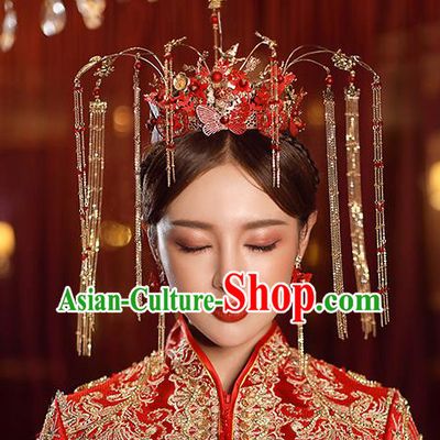 Top Chinese Traditional Bride Red Butterfly Hair Crown Handmade Wedding Tassel Hairpins Hair Accessories Complete Set