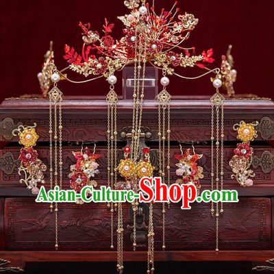 Top Chinese Traditional Bride Red Flowers Hair Crown Handmade Wedding Tassel Hairpins Hair Accessories Complete Set