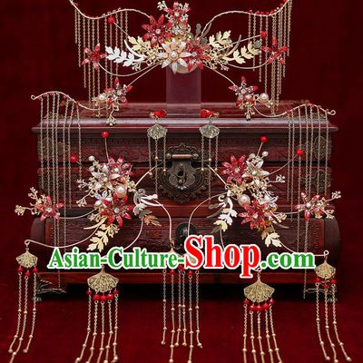 Top Chinese Traditional Bride Red Flowers Tassel Phoenix Coronet Handmade Wedding Tassel Hairpins Hair Accessories Complete Set