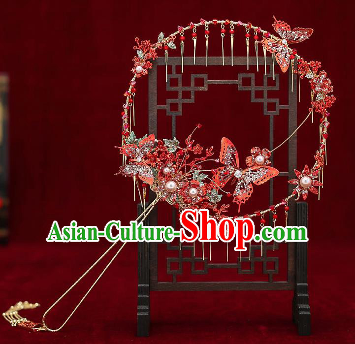 Chinese Traditional Wedding Red Butterfly Round Fan Ancient Bride Palace Fans for Women Chinese Traditional Wedding Red Butterfly Round Fan Ancient Bride Palace Fans for Women