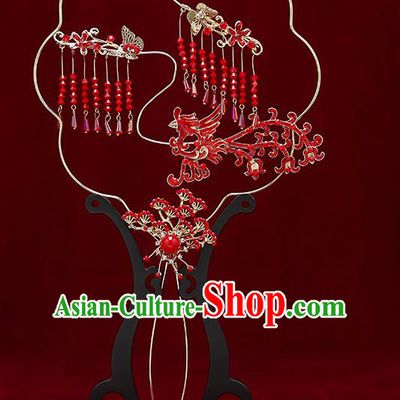 Chinese Traditional Wedding Red Pine Tassel Round Fan Ancient Bride Palace Fans for Women