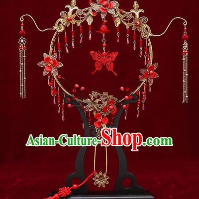 Chinese Traditional Wedding Red Butterfly Tassel Round Fan Ancient Bride Palace Fans for Women