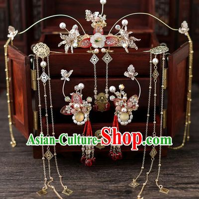 Top Chinese Traditional Bride Tassel Hair Crown Handmade Hairpins Wedding Hair Accessories Complete Set