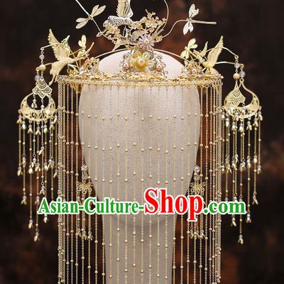 Top Chinese Traditional Bride Tassel Golden Cranes Hair Crown Handmade Hairpins Wedding Hair Accessories Complete Set